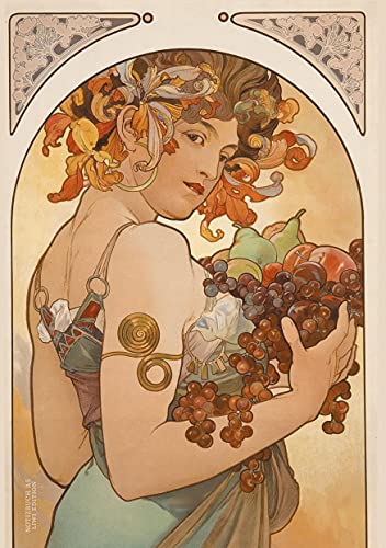 Notizbuch schön gestaltet mit Leseband - A5 Hardcover blanko - Alfons Mucha "Früchte" - 100 Seiten 90g/m² - FSC Papier: Notebook A5 - Art nouveau - Journal gebunden blanko - Jugendstil