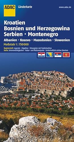 ADAC LänderKarte Kroatien, Bosnien u. Herzegowina, Serbien, Montenegro 1:750 000: Albanien, Kosovo, Mazedonien, Slowenien