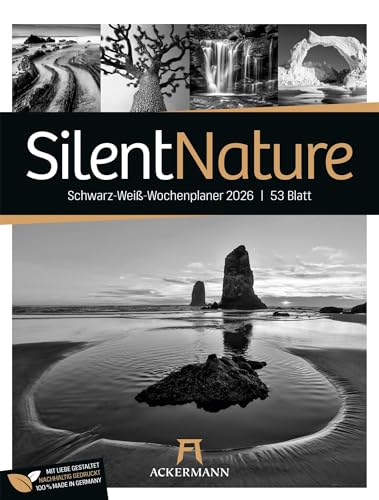 Silent Nature Wochenplaner Kalender 2026 | Stilvoller Landschafts-Wochenkalender im Hochformat (25x33 cm) | Schwarz-Weiß-Fotografie | Mit Rätseln von "Ackermann Kunstverlag"