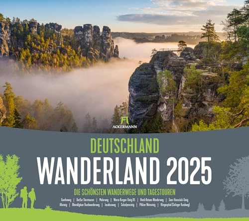 Deutschland Wanderland Kalender 2025, Wandkalender im Querformat (54x48 cm) - Naturkalender mit Routenbeschreibung und Karten für Wander:innen