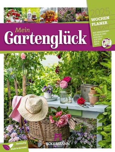 Gartenglück - Wochenplaner Kalender 2025, Wandkalender im Hochformat (25x33 cm) - Wochenkalender Blumen und Gärten, mit Rätseln und Sudokus