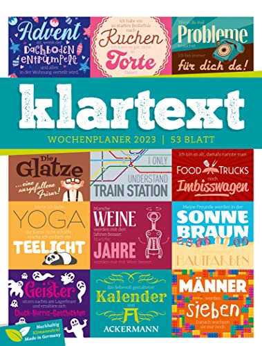 Klartext Sprüche - Wochenplaner Kalender 2023, Wandkalender im Hochformat (25x33 cm) - Typografie Wochenkalender mit Rätseln und Sudokus von Ackermann Kunstverlag