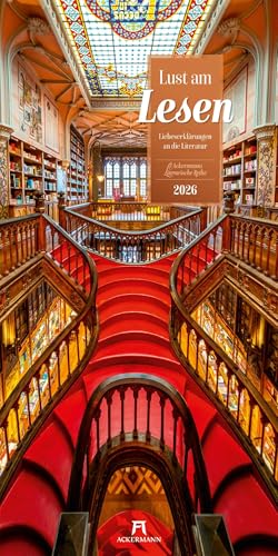 Lust am Lesen Literatur-Kalender 2026 | Stilvoller Literarischer Kalender im schlanken Hochformat (33x66 cm) | Bibliotheken-Motive mit Zitaten von "Ackermann Kunstverlag"