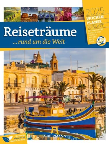 Reiseträume - Wochenplaner Kalender 2025, Wandkalender im Hochformat (25x33 cm) - Wochenkalender rund um die Welt mit Rätseln und Sudokus von Ackermann Kunstverlag