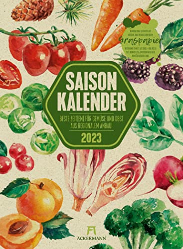 Saisonkalender Gemüse & Obst Kalender 2023, Wandkalender auf Graspapier im Hochformat (33x45 cm) - Illustrierter Kalender