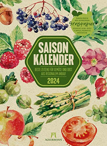 Saisonkalender Gemüse & Obst Kalender 2024, Wandkalender auf Graspapier im Hochformat (33x45 cm) - Illustrierter Kalender