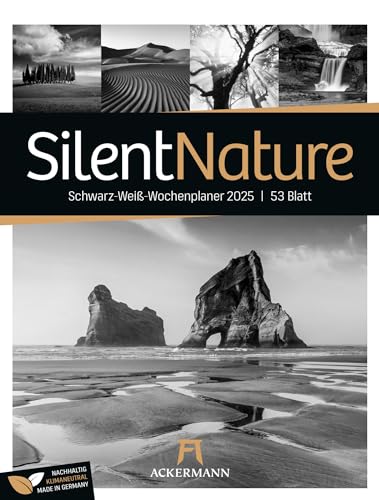 Silent Nature, Schwarz-weiß-Kalender 2025, Wochenkalender im Hochformat mit Rätsel und Sudokus (25x33 cm) - Natur- und Landschaftskalender von Ackermann Kunstverlag