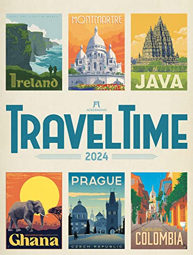 Travel Time Kalender 2024, Wandkalender im Hochformat (50x66 cm) - Reise-Plakate im Retrostil, Illustrationen und Plakatmalerei, Kunstkalender von Ackermann Kunstverlag