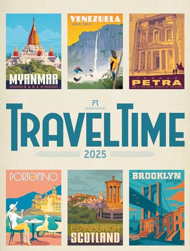 Travel Time Kalender 2025, Wandkalender im Hochformat (50x66 cm) - Reise-Plakate im Retrostil, Illustrationen und Plakatmalerei, Kunstkalender