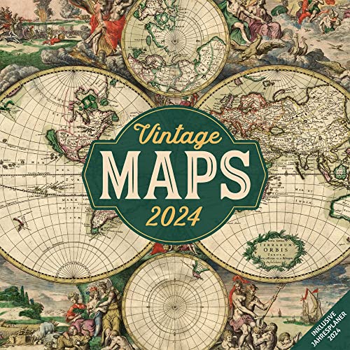 Vintage Maps 2024, Wandkalender / Broschürenkalender im Hochformat (aufgeklappt 30x60 cm) - Retro-Karten-Kalender mit Monatskalendarium zum Eintragen