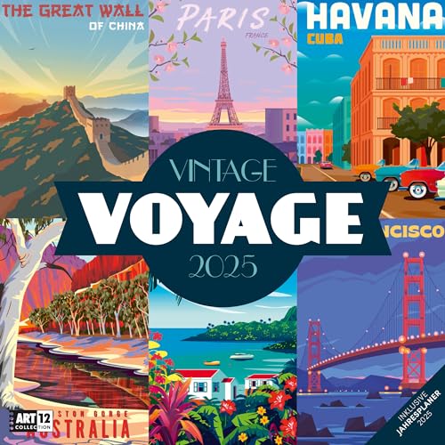 Vintage Voyage 2025, Wandkalender/Broschürenkalender im Hochformat (aufgeklappt 30x60 cm) - Art12 - Geschenk-Kalender mit Monatskalendarium zum Eintragen