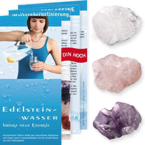 Wassersteine Set Grundmischung - Amethyst, Bergkristall, Rosenquarz Rohsteine 100gr + Edelsteinwasser Broschüre + 3 Edelsteinkarten