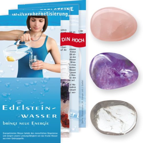 Wassersteine Set "Grundmischung" - Amethyst, Bergkristall, Rosenquarz Trommelsteine + Edelsteinwasser Broschüre + 3 Edelsteinkarten