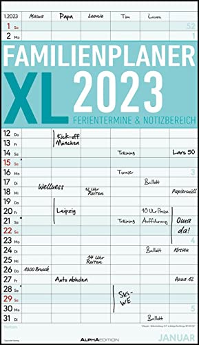 Familienplaner XL 2023 mit 6 Spalten - Familien-Timer 26x45 cm - Offset-Papier - mit Ferienterminen - Wand-Planer - Familienkalender - Alpha Edition von Alpha Edition