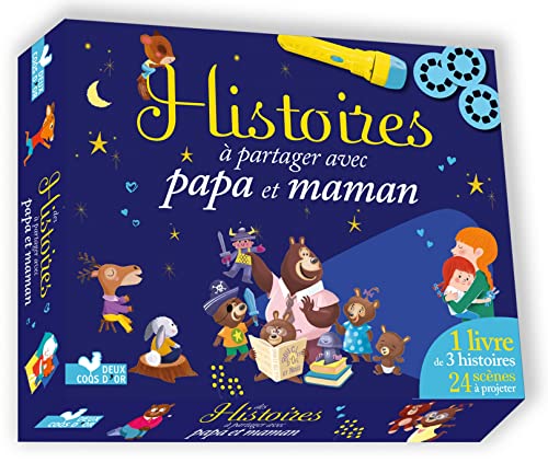 Histoires à partager avec papa et maman - coffret avec lampe: Coffret avec 1 livre de 3 histoires, 1 lampe de poche et 24 scènes à projeter von DEUX COQS D OR