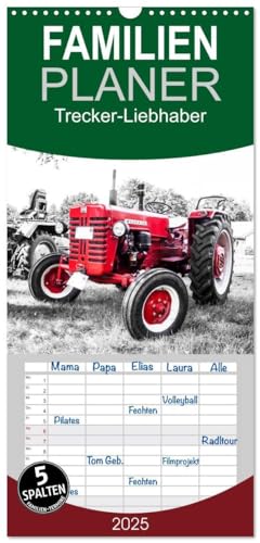 Familienplaner 2025 - Trecker-Liebhaber mit 5 Spalten (Wandkalender, 21 cm x 45 cm), CALVENDO: Liebevoll gepflegte Oldtimer-Traktoren schwarz-weiß coloriert von CALVENDO