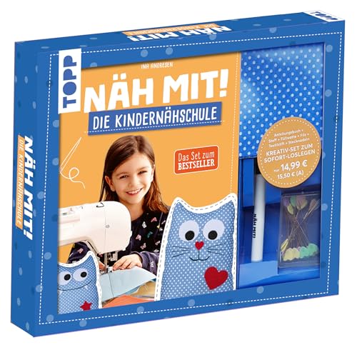 Kreativ-Set: Näh mit! Die Kindernähschule: Buch (48 S., DIN A5, Softcover), Vorlagen, Urkunde Nähmaschinenführerschein, Stoff für ein Modell, Filz, Stecknadeln, Textilstift von Frech
