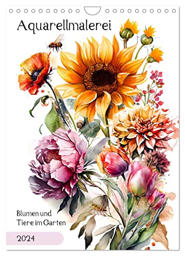 Aquarellmalerei - Blumen und Tiere im Garten (Wandkalender 2024 DIN A4 hoch), CALVENDO Monatskalender
