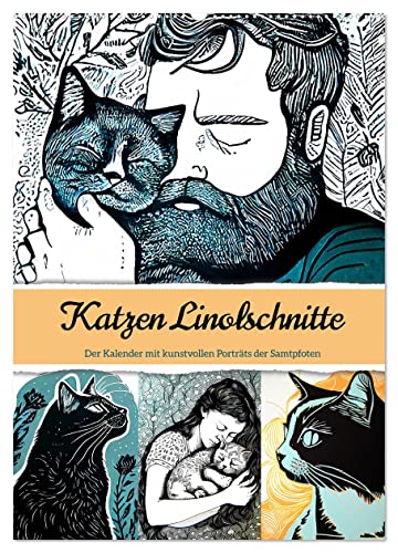 Katzen Linolschnitt - Der Kalender mit kunstvollen Porträts der Samtpfoten (Wandkalender 2025 DIN A2 hoch), CALVENDO Monatskalender von CALVENDO