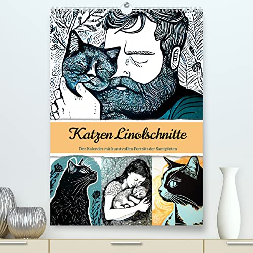 Katzen Linolschnitt - Der Kalender mit kunstvollen Porträts der Samtpfoten (hochwertiger Premium Wandkalender 2024 DIN A2 hoch), Kunstdruck in Hochglanz