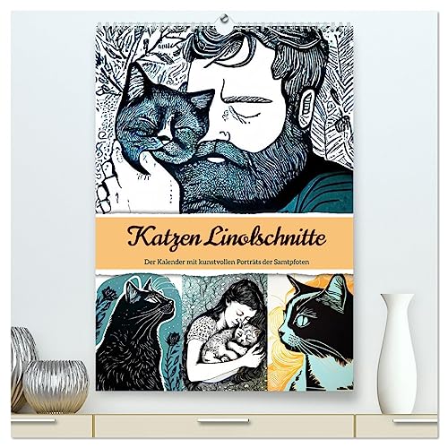 Katzen Linolschnitt - Der Kalender mit kunstvollen Porträts der Samtpfoten (hochwertiger Premium Wandkalender 2025 DIN A2 hoch), Kunstdruck in Hochglanz von CALVENDO