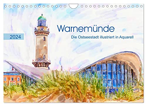 Warnemünde - Die Ostseestadt illustriert in Aquarell (Wandkalender 2024 DIN A4 quer), CALVENDO Monatskalender von CALVENDO