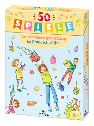 moses. 50 Spiele für den Kindergeburtstag im Grundschulalter, Kartenset mit Klassikern und neuen Spielen für die Kindergeburtstagsparty ab 6 Jahren, Mit Anleitungen, Materiallisten und Altersangaben