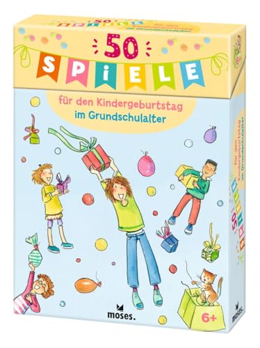 moses. 50 Spiele für den Kindergeburtstag im Grundschulalter, Kartenset mit Klassikern und neuen Spielen für die Kindergeburtstagsparty ab 6 Jahren, Mit Anleitungen, Materiallisten und Altersangaben