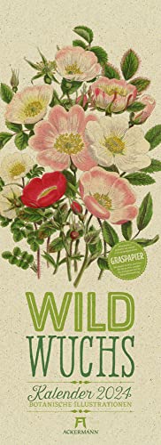 Wildwuchs - Botanische Illustrationen Kalender 2024, Wandkalender auf Graspapier, Hochformat (24x66 cm) - Kräuter, Pflanzen, hist. Chromolithografien