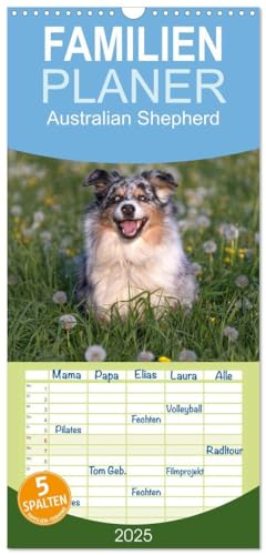 Familienplaner 2025 - Australian Shepherd mit 5 Spalten (Wandkalender, 21 cm x 45 cm), CALVENDO: Faszinierende und liebenswerte Wegbegleiter von CALVENDO