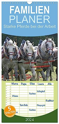 Familienplaner 2024 - Starke Pferde bei der Arbeit mit 5 Spalten (Wandkalender, 21 cm x 45 cm) CALVENDO