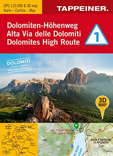 3D-Wanderkarte Dolomiten-Höhenweg 1: Cartina escursionistica 3D Alta Via delle Domiti #1 (Kombinierte Sommer-Wanderkarten Südtirol / Topografische ... 3D Alta Via delle Domiti #1 1:25000