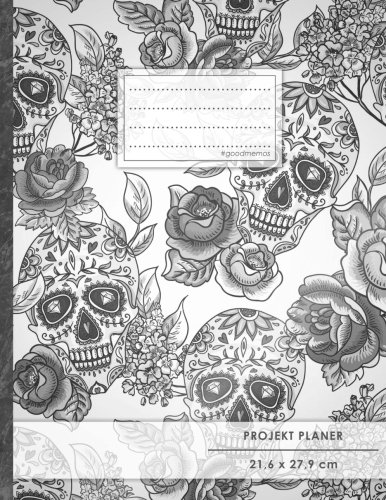 PROJEKTPLANER A4 • 70+ Seiten, Soft Cover, Register, "Totenköpfe" • #GoodMemos • Linke Seite für Planung (To Do Listen, Datum uvm.); Rechte Seite für Notizen von CREATESPACE