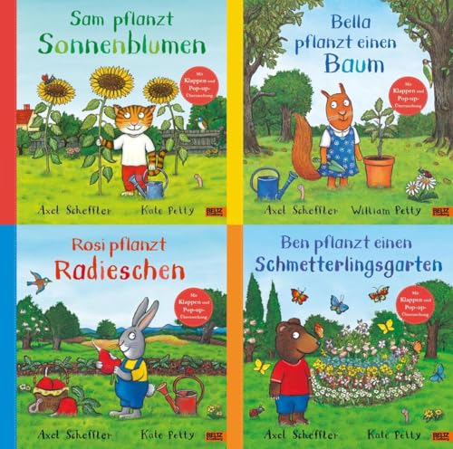 Sam pflanzt Sonnenblumen + Bella pflanzt einen Baum + Ben pflanzt einen Schmetterlingsgarten + Rosi pflanzt Radieschen + 1 exklusives Postkartenset