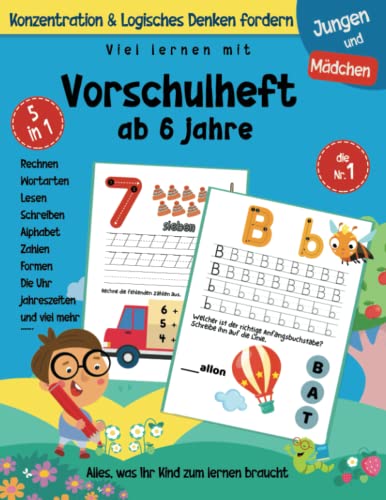 vorschulheft ab 6 jahre: Vorschule übungshefte für Junge und Mädchen, Buchstaben und Zahlen Schreiben Lernen, Mit tollen Rätseln, spannenden Aufgaben ... Unterrichtsstoff wiederholt(Vorschulbuch). von Independently published