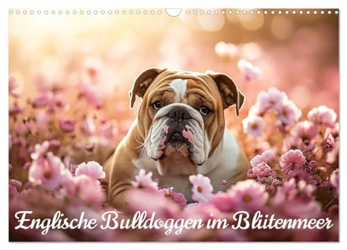 Englische Bulldoggen im Blütenmeer (Wandkalender 2025 DIN A3 quer), CALVENDO Monatskalender von CALVENDO