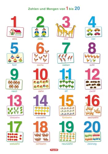 Fragenbär-Lernposter: Zahlen und Mengen von 1 bis 20 (in der Schulbuch-Druckschrift) L 70 x 100 cm: Gerollt, matt folienbeschichtet, abwischbar (Lerne mehr mit Fragenbär)