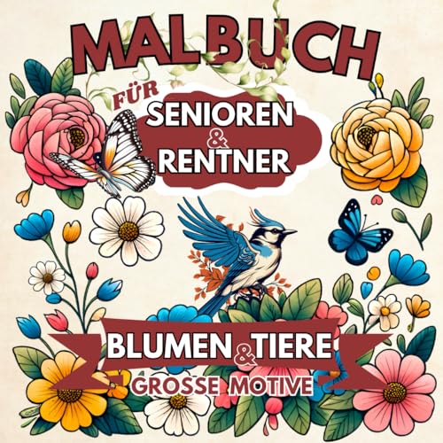 Malbuch mit großen Motiven für Senioren und Rentner: Blumen und Tiere einfach ausmalen | Einfaches Malbuch für Erwachsene zum Entspannen und Stressabbau von Independently published