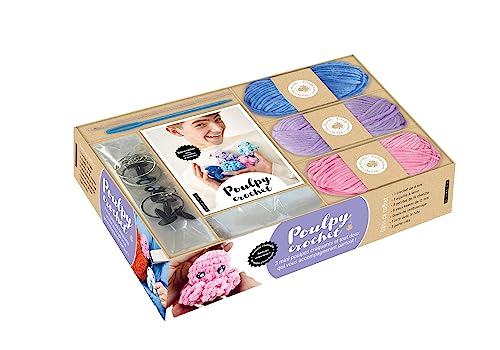 Coffret Poulpy crochet: Coffret avec 1 crochet de 4mm, 1 aiguille à laine, 3 pelotes de fil chenille, 6 yeux kawaii de 12 mm, Ouate de rembourrage, 1 livre et 3 porte-clés von DESSAIN TOLRA