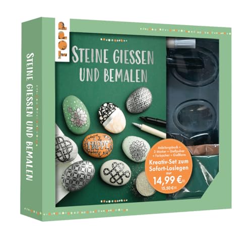 Kreativ-Set - Steine gießen: Buch (32 S., DIN A5, Softcover), Gießform, weißes Gießpulver, Farbpulver in Grün, Orange, Schwarz, Acrylmarker in Silber und Schwarz