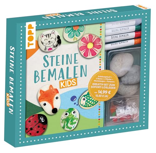 Kreativ-Set: Steine bemalen Kids mit Wackelaugen, Pompons, Anleitungsbuch & Material: Buch (32 S., DIN A5, Softcover), 3 Steine, Marker mit 2 Spitzen in Rot, Blau, Grün, Schwarz, Wackelaugen, Pompons