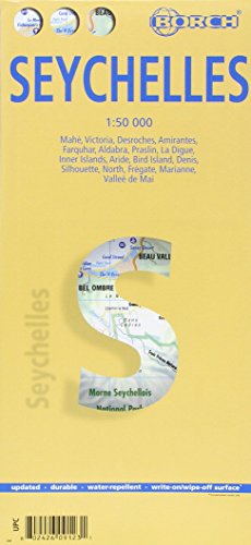 Seychelles, Seychellen, Borch Map: Mahé, Victoria, Desroches, Amirantes, Farquhar, Aldabra, Praslin, La Digue, Inner Islands, Aride, Bird Island, ... North, Frégate, Marianne, Valleé de Mai