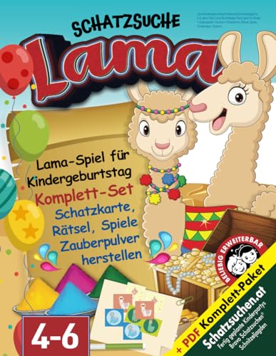 Lama Kindergeburtstag Schatzsuche/Schnitzeljagd für 4-6 Jahre: Das Lama Buch/Alpaka Party Spiel für Kinder • Zauberpulver mischen • Schatzkarte, ... Einladungen, Diplome (Bravo Schatzsuche)