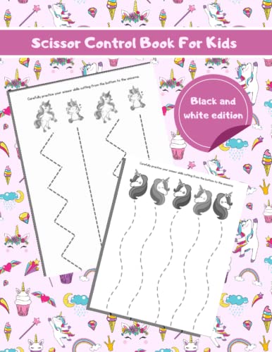 Scissor Control Book For Kids | Scissor Learning Sheets: Cutting Practice For Kids Unicorn theme | Black and White