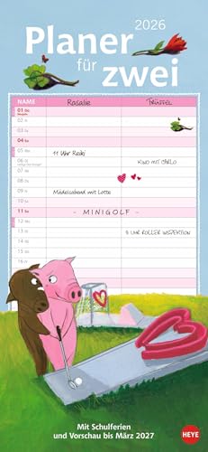 Rosalie & Trüffel Planer für zwei 2026: Wandplaner für 2. Partnerkalender mit 2 Spalten. Terminkalender mit niedlichen Illustrationen des bekannten ... für 2 Personen (Familienplaner Heye) von Heye