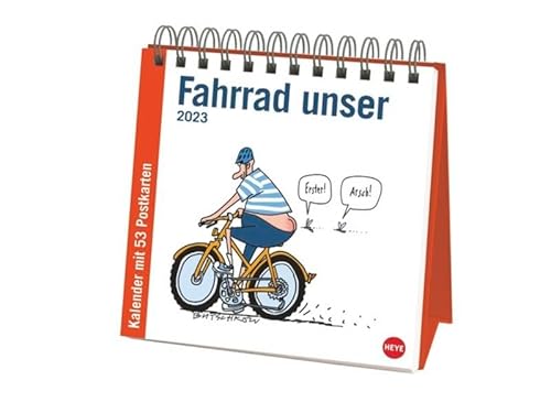 Butschkow: Fahrrad unser Premium-Postkartenkalender 2023. Kleiner Kalender zum Aufstellen mit wöchentlichem Comic als Postkarte zum Sammeln und Verschicken. von Heye