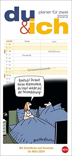 Peter Butschkow: Du & ich Planer für zwei 2023 - Wandkalender mit Monatskalendarium - 2 Spalten, Schulferien, 3-Monats-Ausblick Januar bis März 2024 - 16 x 34,7 cm