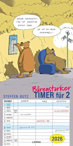 Bärenstarker Planer für zwei 2026: Wandkalender, Monatskalender mit viel Platz zum Eintragen und lustigen Cartoons von Steffen Butz von Lappan