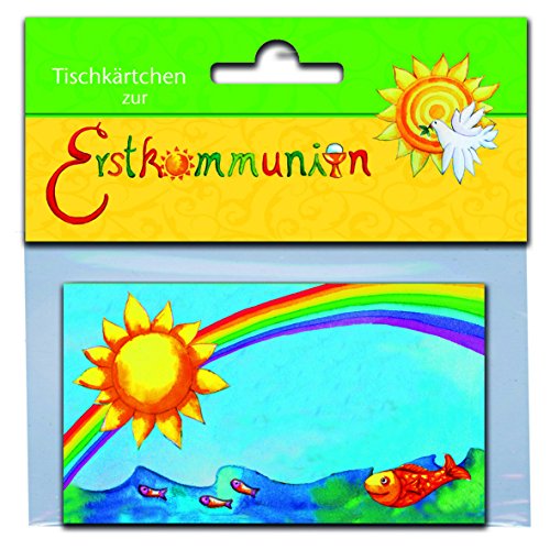Bunte Tischkärtchen mit Fischen und Regenbogen für Erstkommunion