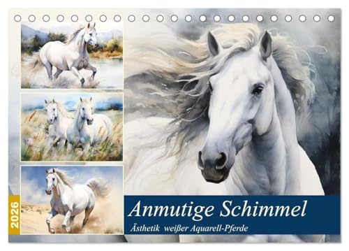 Anmutige Schimmel. Ästhetik weißer Aquarell-Pferde (Tischkalender 2026 DIN A5 quer), CALVENDO Monatskalender von CALVENDO